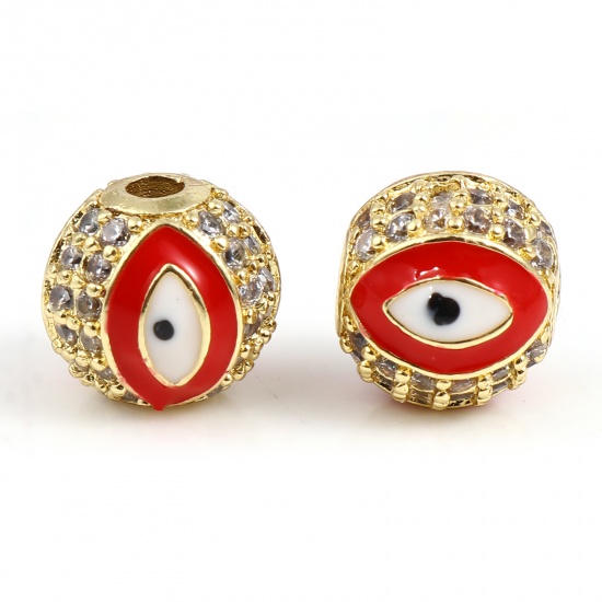 Picture of Brass Religious Beads Round Gold Plated Red Evil Eye Clear Rhinestone Micro Pave About 10mm Dia, Hole: Approx 2.4mm, 1 Piece                                                                                                                                  