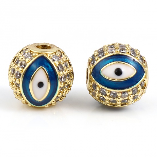 Picture of Brass Religious Beads Round Gold Plated Blue Evil Eye Clear Rhinestone Micro Pave About 10mm Dia, Hole: Approx 2.4mm, 1 Piece                                                                                                                                 