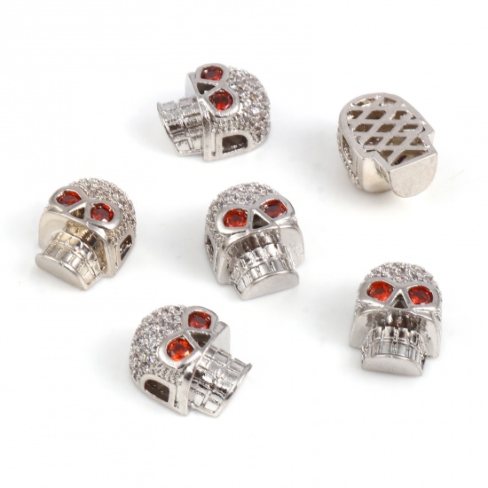 Picture of Brass Halloween Beads Skull Silver Tone Clear & Red Rhinestone Micro Pave About 13mm x 9mm, Hole: Approx 2.3mm, 2 PCs                                                                                                                                         