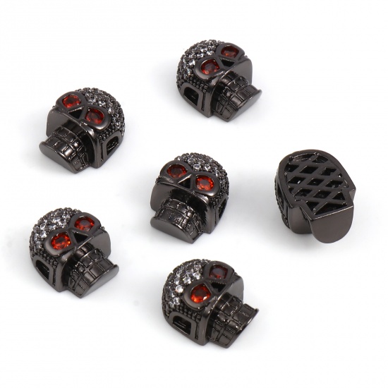 Picture of Brass Halloween Beads Skull Gunmetal Clear & Red Rhinestone Micro Pave About 13mm x 9mm, Hole: Approx 2.3mm, 2 PCs                                                                                                                                            