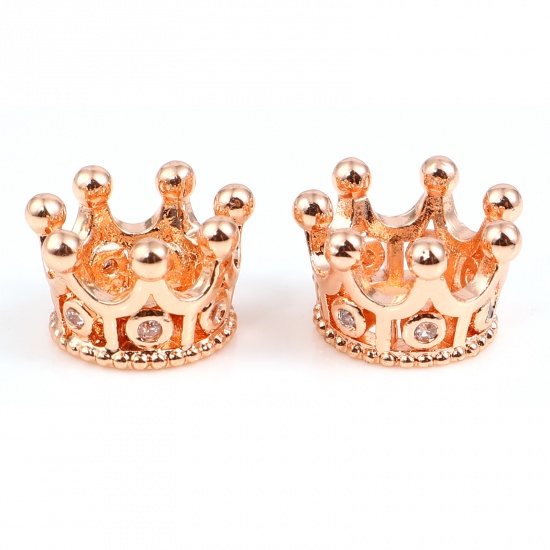 Picture of Brass Beads Caps Crown Rose Gold Clear Rhinestone About 11mm x 7mm, 5 PCs                                                                                                                                                                                     