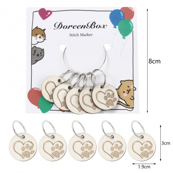 Picture of Doreenbox Zinc Based Alloy & Wood Pet Memorial Knitting Stitch Markers Round Silver Tone Light Khaki Paw Claw 30mm x 19mm, 1 Set ( 5 PCs/Set)