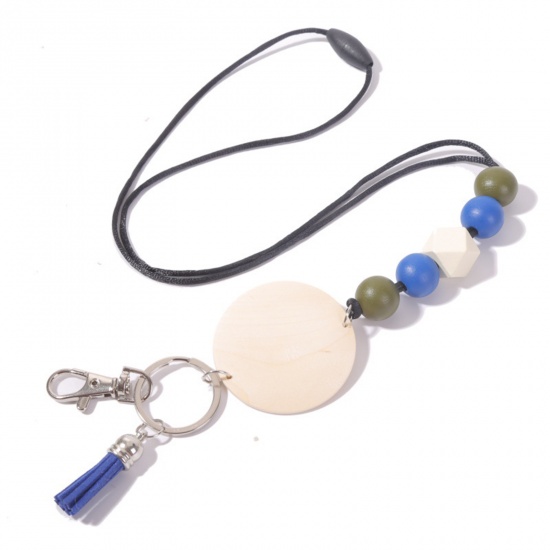 Picture of Wood & Polyester Beaded Lanyard with ID Holder and Key Chain Super Cute Lanyard Christmas Necklace Blue Round 48.5cm, 1 Piece