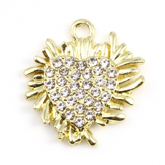 Picture of Zinc Based Alloy Micro Pave Charms Heart Gold Plated Petaline Clear Rhinestone 19mm x 17mm, 5 PCs