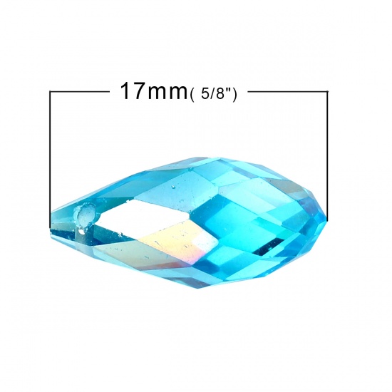 Picture of Crystal Glass Loose Beads Teardrop Lake blue AB Rainbow Color Aurora Borealis Transparent Faceted About 17mm x 8mm, Hole: Approx 1mm, 20 PCs