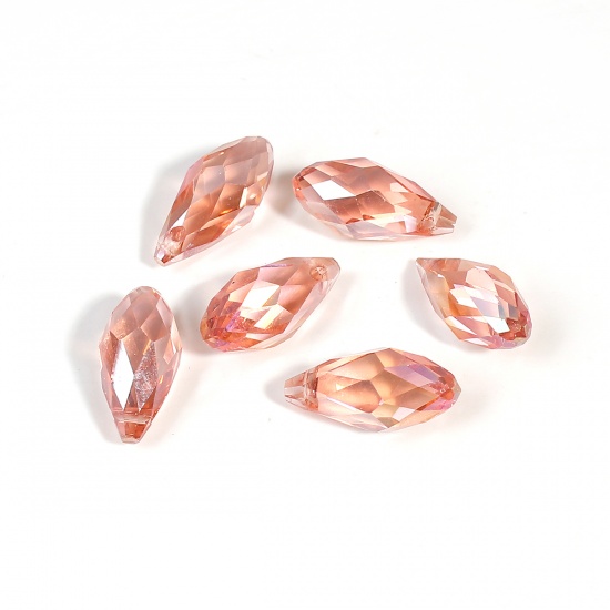 Picture of Crystal Glass Loose Beads Teardrop Light Salmon AB Rainbow Color Aurora Borealis Transparent Faceted About 17mm x 8mm, Hole: Approx 1mm, 20 PCs