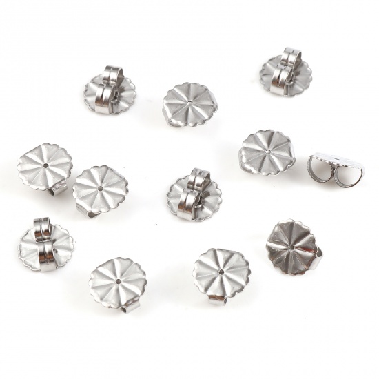 Picture of 304 Stainless Steel Ear Nuts Post Stopper Earring Findings Flower Silver Tone 9.5mm x 9.5mm, 50 PCs