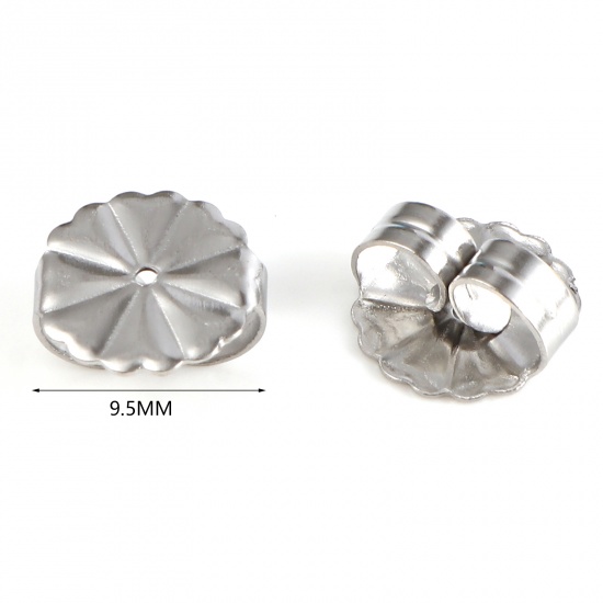 Picture of 304 Stainless Steel Ear Nuts Post Stopper Earring Findings Flower Silver Tone 9.5mm x 9.5mm, 50 PCs