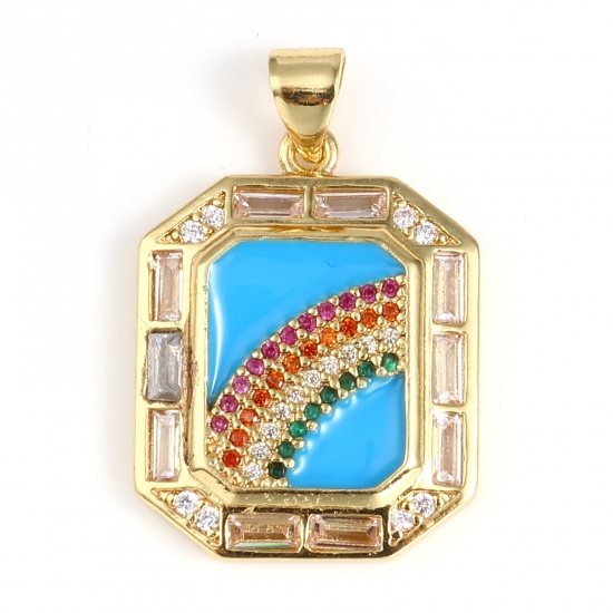 Picture of 1 Piece Brass Weather Collection Charm Pendant Gold Plated Blue Polygon Enamel Multicolor Rhinestone Clear Cubic Zirconia 28mm x 18mm