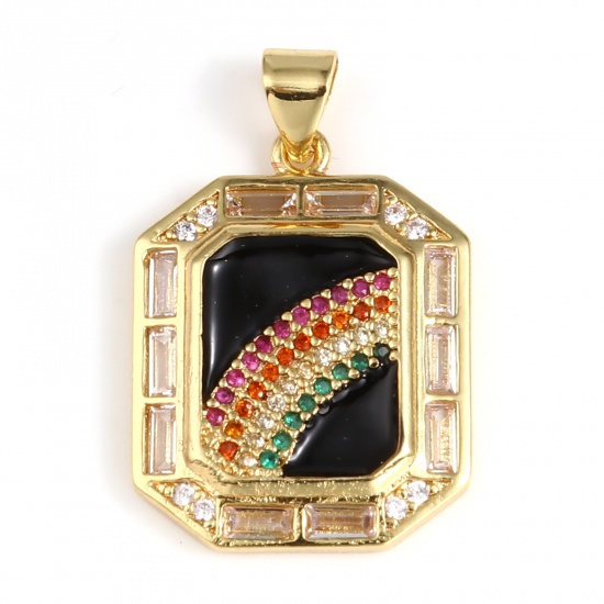 Picture of 1 Piece Brass Weather Collection Charm Pendant Gold Plated Black Polygon Enamel Multicolor Rhinestone Clear Cubic Zirconia 28mm x 18mm