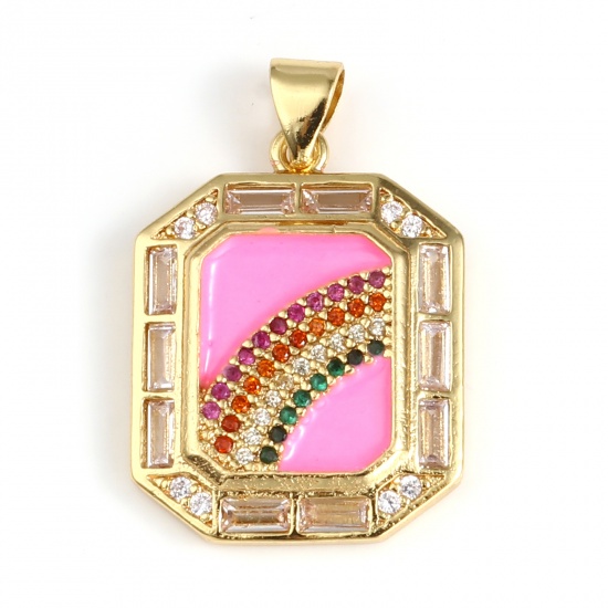 Picture of 1 Piece Brass Weather Collection Charm Pendant Gold Plated Pink Polygon Enamel Multicolor Rhinestone Clear Cubic Zirconia 28mm x 18mm