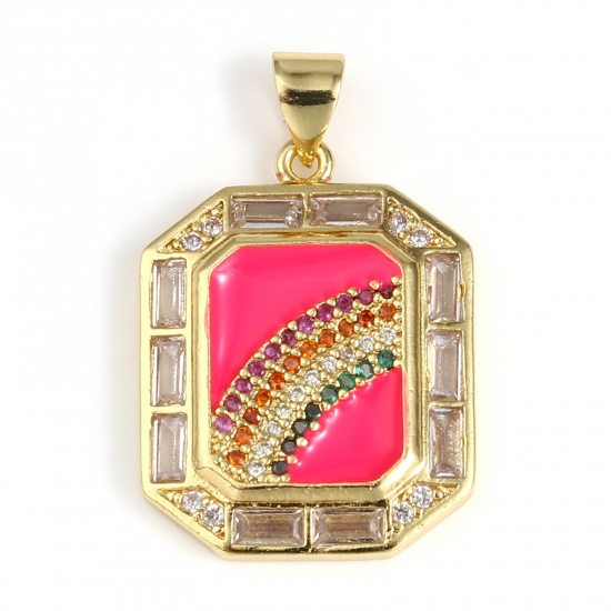 Picture of 1 Piece Brass Weather Collection Charm Pendant Gold Plated Fuchsia Polygon Enamel Multicolor Rhinestone Clear Cubic Zirconia 28mm x 18mm