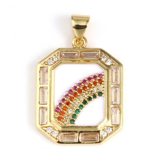 Picture of 1 Piece Brass Weather Collection Charm Pendant Gold Plated White Polygon Enamel Multicolor Rhinestone Clear Cubic Zirconia 28mm x 18mm