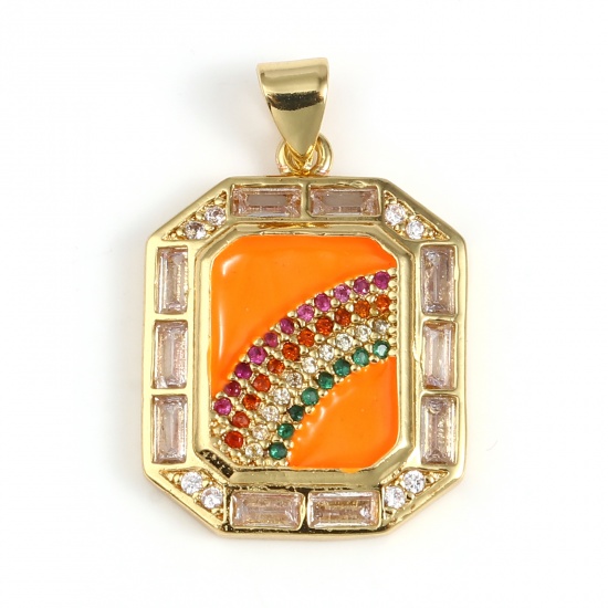 Picture of 1 Piece Brass Weather Collection Charm Pendant Gold Plated Orange Polygon Enamel Multicolor Rhinestone Clear Cubic Zirconia 28mm x 18mm