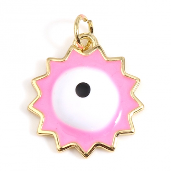 Picture of Brass Religious Charms Gold Plated Pink Sun Evil Eye Enamel 22mm x 17mm, 1 Piece                                                                                                                                                                              