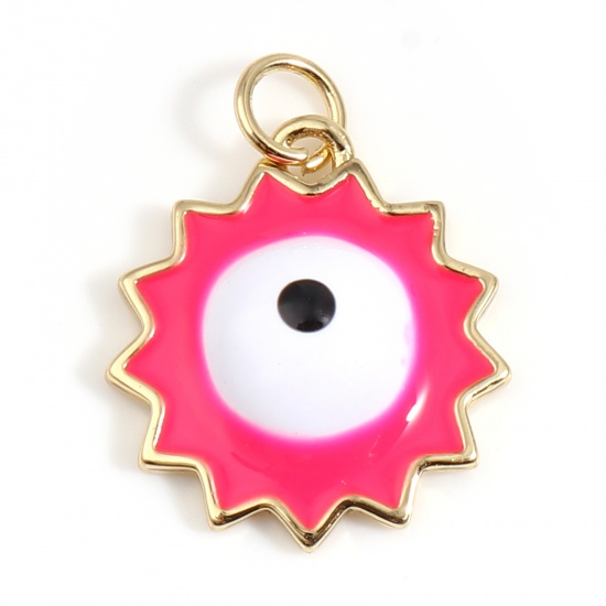 Picture of Brass Religious Charms Gold Plated Neon Pink Sun Evil Eye Enamel 22mm x 17mm, 1 Piece                                                                                                                                                                         