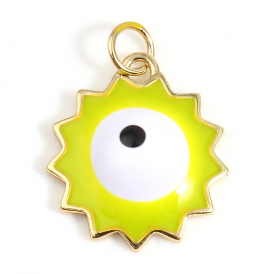 Picture of Brass Religious Charms Gold Plated Lemon Yellow Sun Evil Eye Enamel 22mm x 17mm, 1 Piece                                                                                                                                                                      