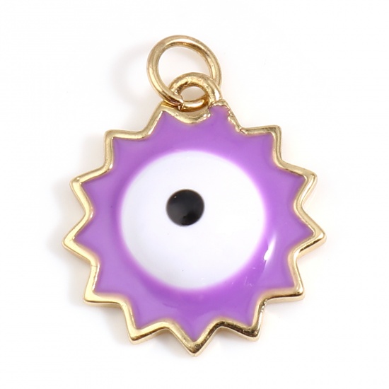 Picture of Brass Religious Charms Gold Plated Purple Sun Evil Eye Enamel 22mm x 17mm, 1 Piece                                                                                                                                                                            