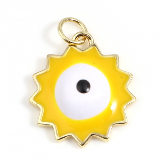 Picture of Brass Religious Charms Gold Plated Yellow Sun Evil Eye Enamel 22mm x 17mm, 1 Piece                                                                                                                                                                            