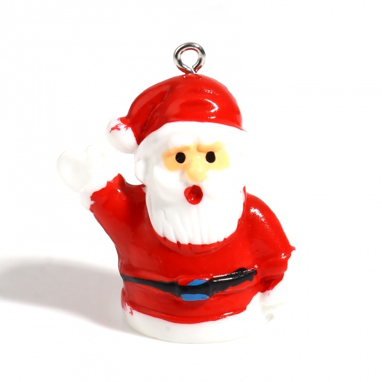 Picture of Resin Pendants Christmas Santa Claus Silver Tone White & Red 35mm x 29mm, 10 PCs