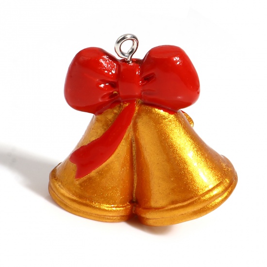 Picture of Resin Pendants Christmas Jingle Bell Silver Tone Golden & Red 32mm x 30mm, 10 PCs