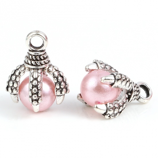 Picture of Zinc Based Alloy & Acrylic Charms Antique Silver Color Light Pink Eagle Claw 16x11mm-14x11mm, 10 PCs