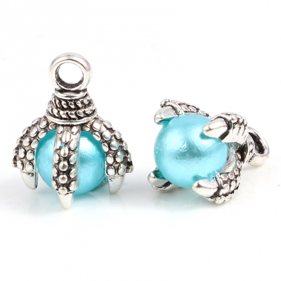 Picture of Zinc Based Alloy & Acrylic Charms Antique Silver Color Light Lake Blue Eagle Claw 16x11mm-14x11mm, 10 PCs