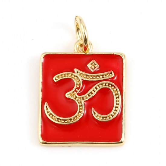 Picture of Brass Religious Charms Rectangle 18K Real Gold Plated Red OM/ Aum Symbol Enamel 18mm x 12mm, 2 PCs