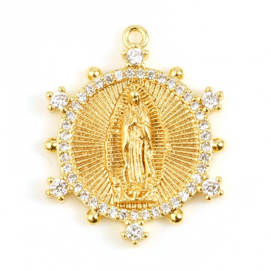 Picture of Brass Religious Charms Round 18K Real Gold Plated Jesus Clear Rhinestone 25mm x 21mm, 1 Piece