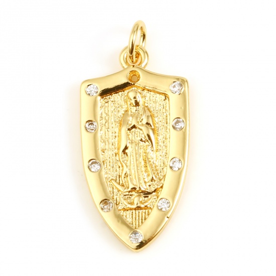 Picture of Brass Religious Charms Geometric 18K Real Gold Plated Jesus Clear Rhinestone 27mm x 12mm, 1 Piece