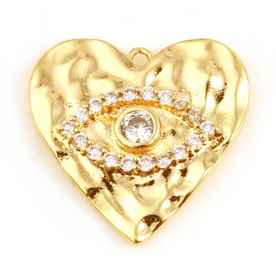 Immagine di Ottone Religione Charms Cuore 18K Vero Oro Placcato Malocchio Micro Spianare Trasparente Strass 17mm x 17mm, 1 Pz