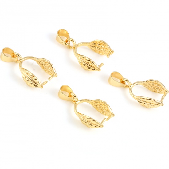 Picture of Brass Pendant Pinch Bails Clasps 18K Real Gold Plated Leaf 26mm x 7mm, 2 PCs                                                                                                                                                                                  