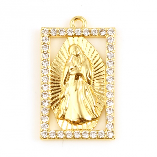 Image de Breloques Religieux en Laiton Rectangle Plaqué Or Véritable 18K Jésus Micro Pave à Strass Transparent 20mm x 12mm, 1 Pièce