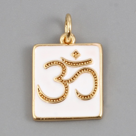 Picture of Brass Religious Charms Rectangle 18K Real Gold Plated White OM/ Aum Symbol Enamel 18mm x 12mm, 2 PCs