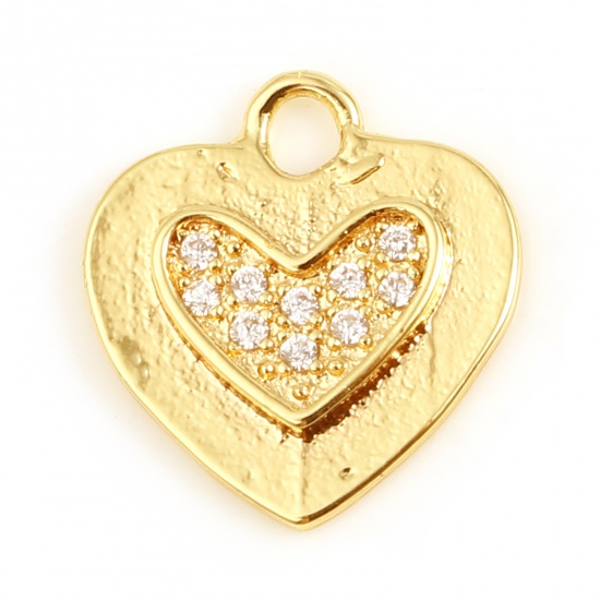 Picture of Brass Valentine's Day Charms Heart 18K Real Gold Plated Micro Pave Clear Rhinestone 13mm x 12mm, 1 Piece                                                                                                                                                      