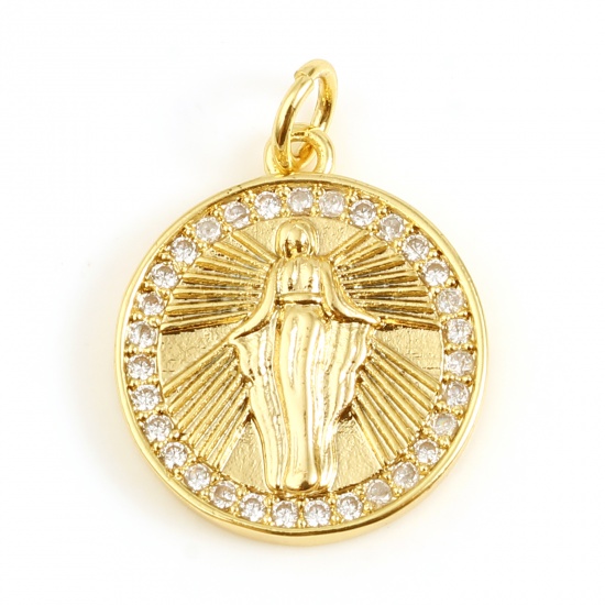 Picture of Brass Religious Charms Round 18K Real Gold Plated Jesus Micro Pave Clear Rhinestone 22mm x 16mm, 1 Piece