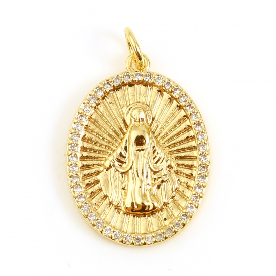 Picture of Brass Religious Charms Oval 18K Real Gold Plated Jesus Micro Pave Clear Rhinestone 26mm x 16mm, 1 Piece
