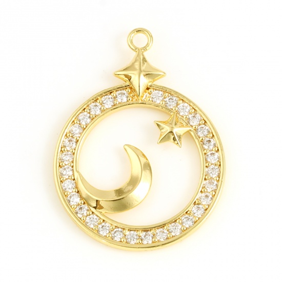Picture of Brass Galaxy Charms Round 18K Real Gold Plated Moon Micro Pave Clear Rhinestone 24mm x 18mm, 1 Piece                                                                                                                                                          