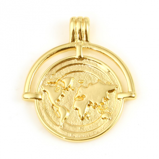 Image de Breloques Voyage en Laiton Rond Plaqué Or Véritable 18K Carte 26mm x 22mm, 1 Pièce