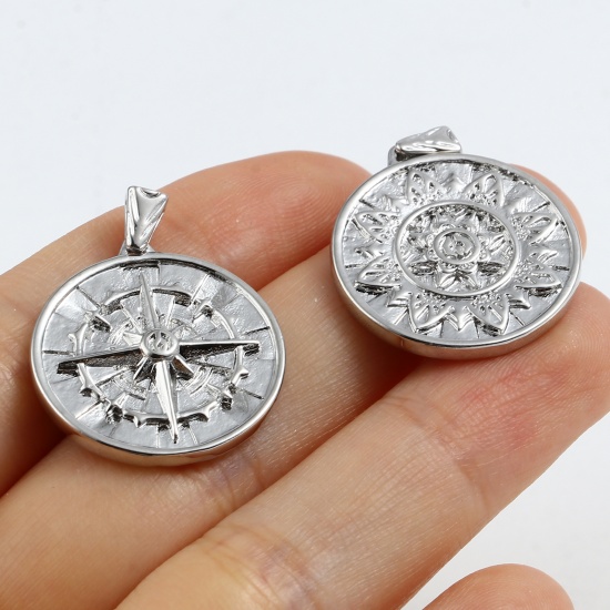 Picture of Brass Galaxy Charms Round Real Platinum Plated Star Clear Rhinestone 27mm x 21mm, 2 PCs                                                                                                                                                                       