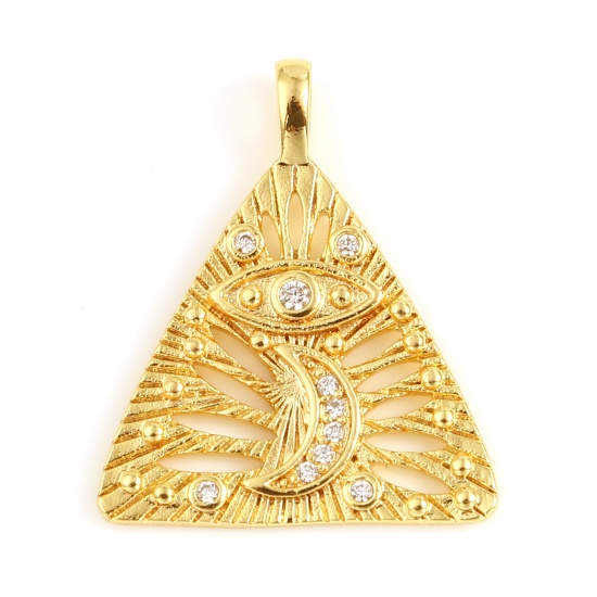Picture of Brass Religious Charms Triangle 18K Real Gold Plated Evil Eye Micro Pave Clear Rhinestone 23mm x 19mm, 1 Piece                                                                                                                                                