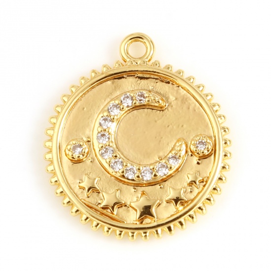 Picture of Brass Galaxy Charms Round 18K Real Gold Plated Moon Micro Pave Clear Rhinestone 19mm x 17mm, 1 Piece                                                                                                                                                          