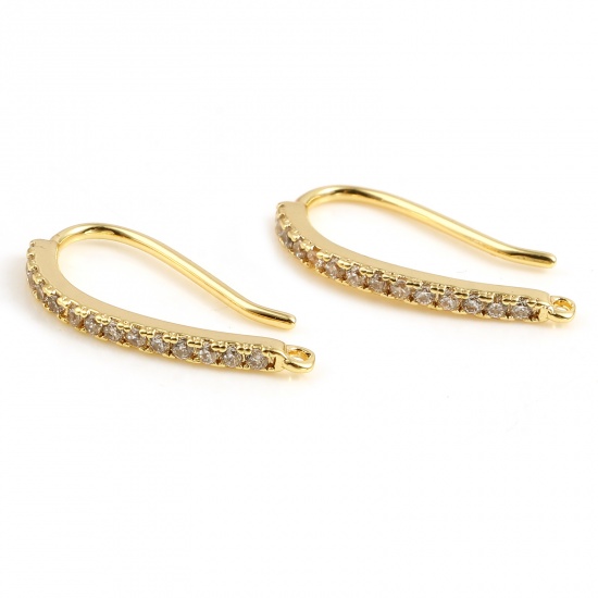 Picture of Brass Micro Pave Ear Wire Hooks Earring 18K Real Gold Plated U-shaped W/ Loop Clear Rhinestone 22mm x 10mm, Post/ Wire Size: (19 gauge), 2 PCs                                                                                                                