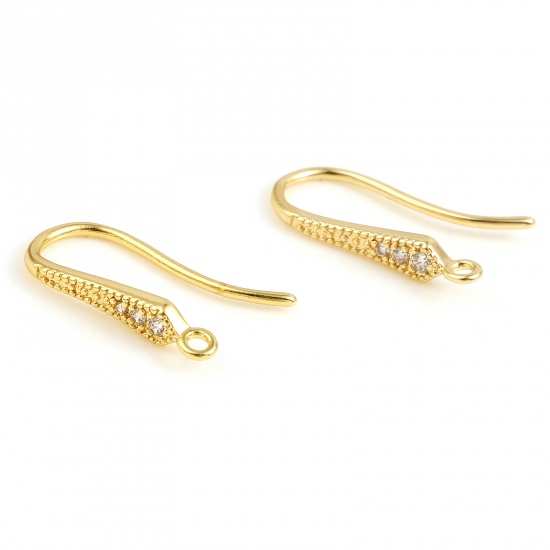 Picture of Brass Ear Wire Hooks Earring 18K Real Gold Plated U-shaped W/ Loop Clear Rhinestone 17mm x 12mm, Post/ Wire Size: (20 gauge), 2 PCs                                                                                                                           
