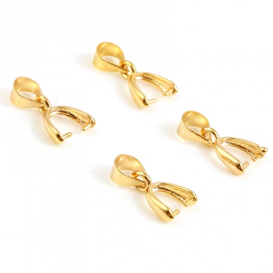 Picture of Brass Pendant Pinch Bails Clasps 18K Real Gold Plated Luck Horseshoe 14mm x 6mm, 10 PCs