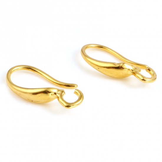 Picture of Brass Ear Wire Hooks Earring 18K Real Gold Plated U-shaped W/ Loop 14mm x 7mm, Post/ Wire Size: (20 gauge), 6 PCs                                                                                                                                             