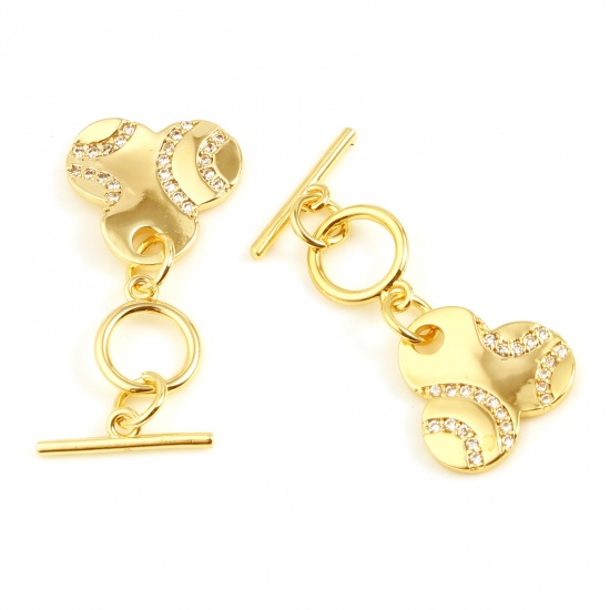Picture of Brass Toggle Clasps 18K Real Gold Plated Flower Clear Rhinestone 29mm x 14mm, 1 Set                                                                                                                                                                           