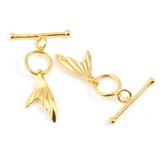 Picture of Brass Toggle Clasps 18K Real Gold Plated Fishtail 34mm x 21mm, 2 Sets                                                                                                                                                                                         