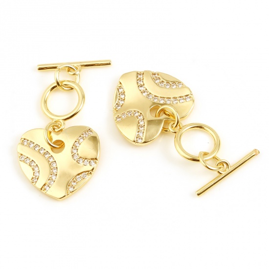 Picture of Brass Toggle Clasps 18K Real Gold Plated Heart Clear Rhinestone 28mm x 15mm, 1 Set                                                                                                                                                                            