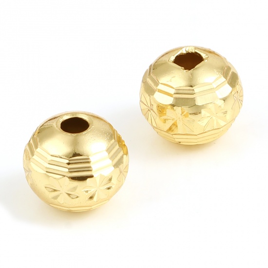 Picture of Brass Beads 18K Real Gold Plated Round Snowflake About 8mm Dia, Hole: Approx 2.1mm, 5 PCs                                                                                                                                                                     